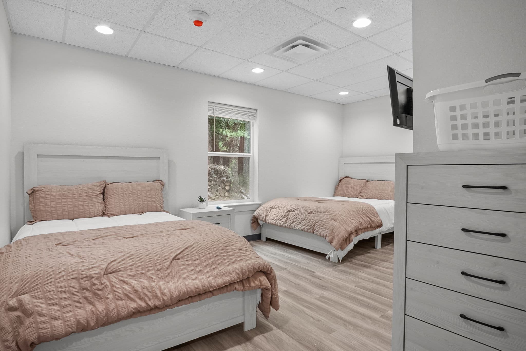 Semi-private bedroom with two beds and garden views