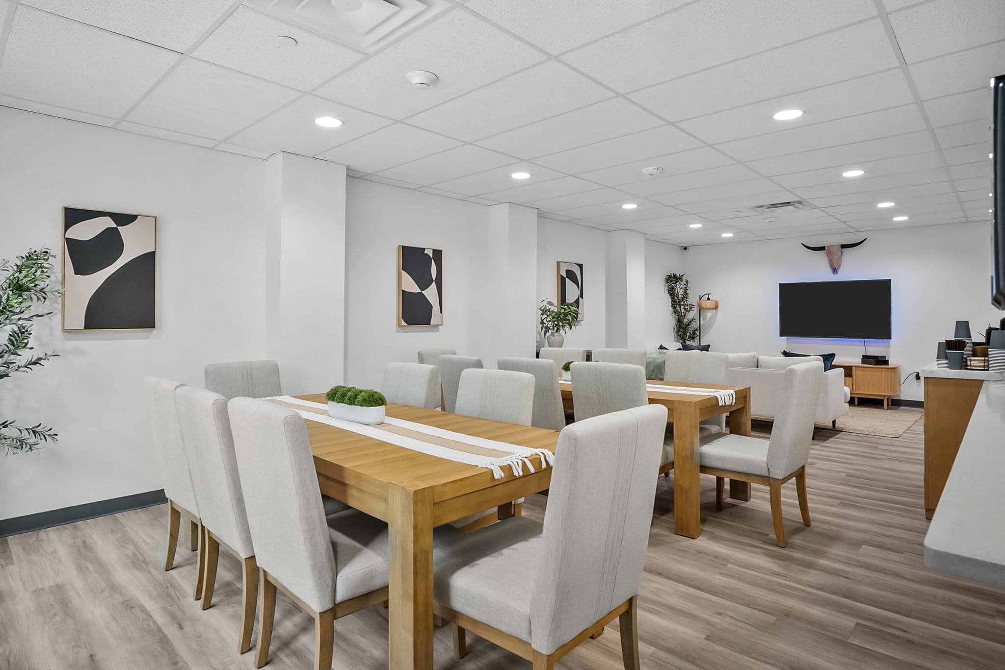 Communal dining table beside the lounge